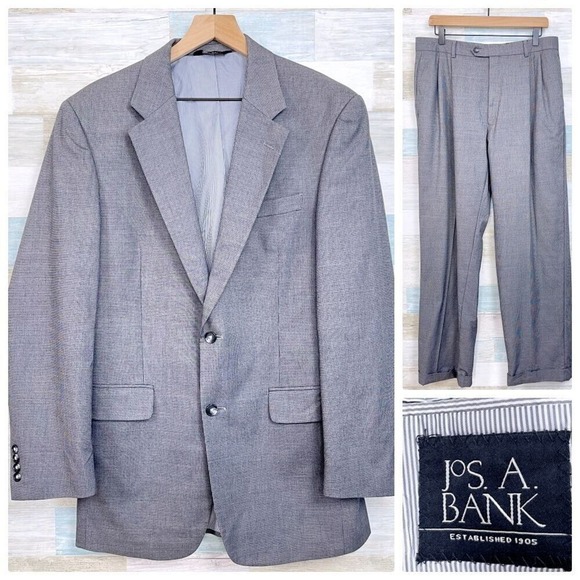 Jos A Bank Birdseye Suit Gray Cotton Wool Mens 40L Jacket 34x30 Pleated Pants - Picture 1 of 16